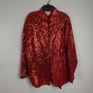 Red Sequin Shacket Womens Size 1X Long Sleeve Jacket or Top Holiday Formal